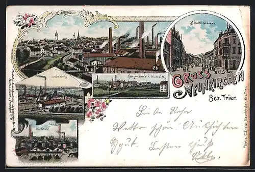 Lithographie Neunkirchen, Grube König, Bahnhofstrasse, Totalansicht, Hochöfen