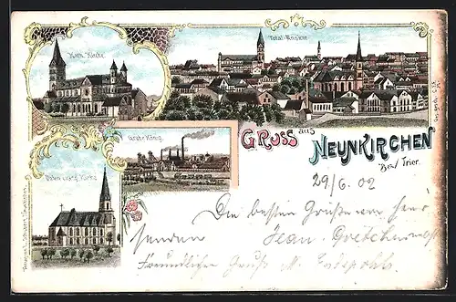 Lithographie Neunkirchen, Grube König, Kath. Kirche, Evang. Kirche, Totalansicht