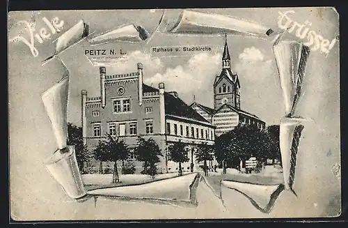 Künstler-AK Peitz /N. L., Rathaus und Stadtkirche