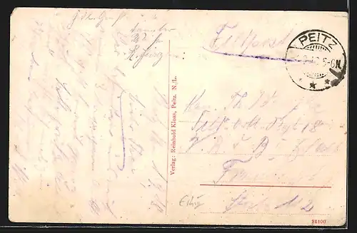 Künstler-AK Peitz /N. L., Rathaus und Stadtkirche