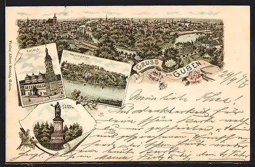 Lithographie Guben, Rathaus, Sieges-Denkmal, Ortsansicht aus der Vogelschau