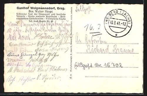 AK Weigmannsdorf i. Erzg., Gasthof von Walter Haupt