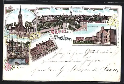 Lithographie Elmshorn, Kirche, Hafen & Realschule