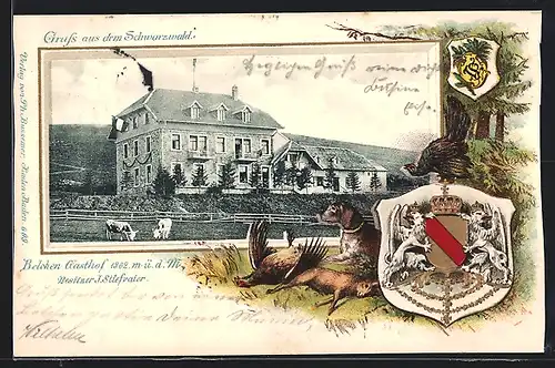 Passepartout-Lithographie Belchen /Schwarzwald, Blick auf den Gasthof, Bes. J. Stiefvater, Wappen, Jagdszene, Hund