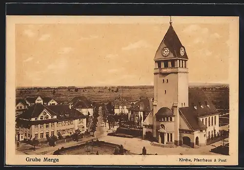 AK Grube Marga, Kirche, Pfarrhaus und Post aus der Vogelschau