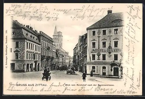 AK Zittau, Blick vom Reichshof nach der Bautznerstrasse mit Fussgängern