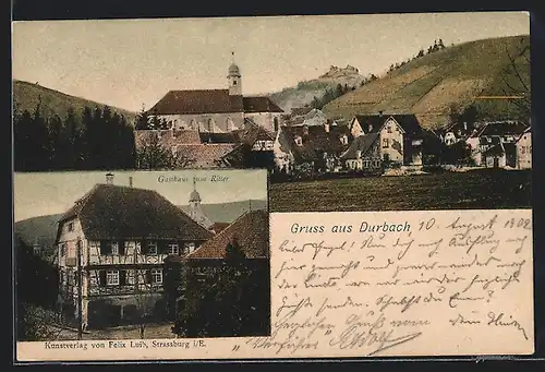 AK Durbach, Gasthaus zum Ritter, Ortspartie mit Kirche