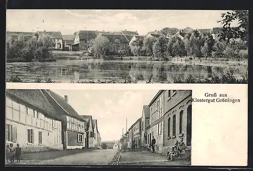 AK Gröningen, Gruss aus Klostergut gröningen, Strassenpartie mit Wohnhäusern, Ortsansicht