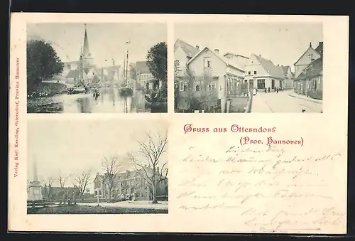 AK Otterndorf, Strassenpartie, Blick auf die Kirche, Denkmal