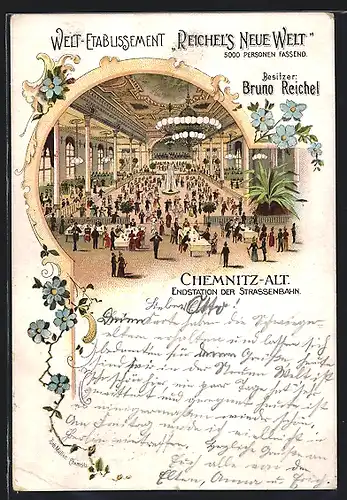 Lithographie Chemnitz, Welt-Etablissement Gasthaus Reichels Neue Welt, Bes. Bruno Reichel, Innenansicht
