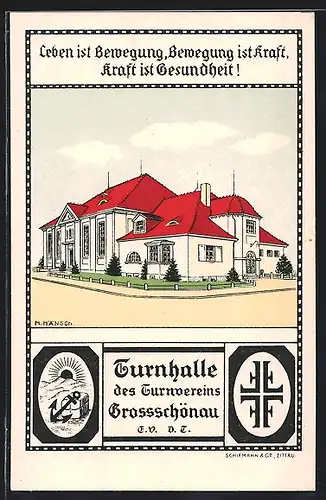 Künstler-AK Grossschönau, Turnhalle des Turnvereins, Leben ist Bewegung, Bewegung ist Kraft