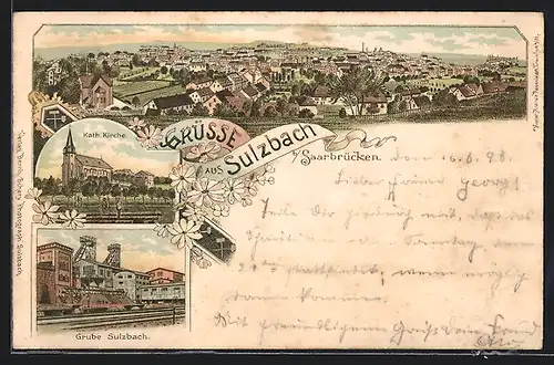 Lithographie Sulzbach, Kath. Kirche, Grube Sulzbach, Ortsansicht