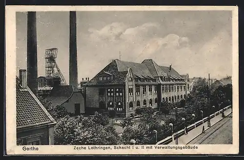 AK Gerthe, Zeche Lothringen, Schacht I und II mit Verwaltungsgebäude, Kohle