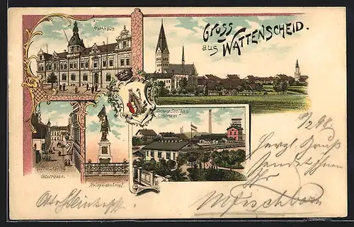 Lithographie Wattenscheid, Rathaus, Oststrasse, Kriegerdenkmal und Zeche Centrum, Kohle