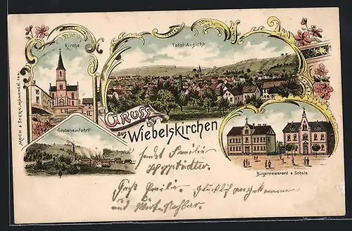 Lithographie Wiebelskirchen, Grubeneinfahrt des Kohlebergwerks, Kirche, Bürgermeisteramt & Schule