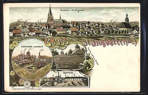 Lithographie St. Ingbert /Pfalz, Eisenwerk Kraemer, Kohlenhalde, Panorama