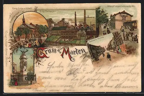 Lithographie Marten, Zeche Germania I, Bahnhof Lüttgendortmund und Marten