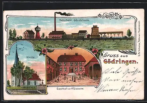 Lithographie Gödringen, Gasthof von H. Giesecke, Kalischat mit Schieferkaute, Kirche