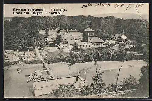 AK Piestany, Badeinsel aus der Vogelschau