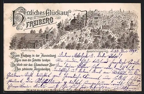 Vorläufer-Lithographie Freiberg, 1894, Ausstellungsplatz mit Gasthof Huthaus