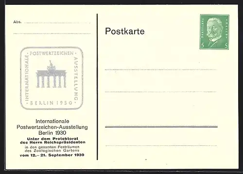 AK Berlin, Internationale-Postwertzeichen-Ausstellung 1930, IPOSTA, Ganzsache