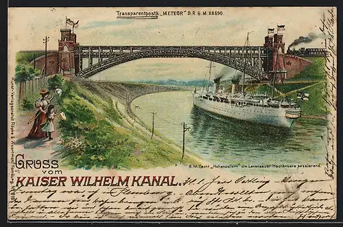 Lithographie SM Yacht Hohenzollern passiert die Levensauer Hochbrücke im Kaiser Wilhelm Kanal, Halt gegen das Licht