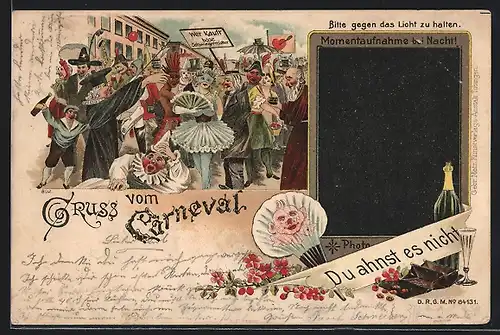 Lithographie Narren feiern Karneval, Halt gegen das Licht: Paar beim Kuss