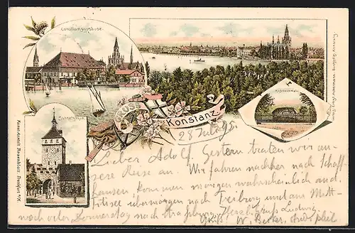 Vorläufer-Lithographie Konstanz, 1895, Totalansicht mit Conciliumsgebäude, Schnetzthor