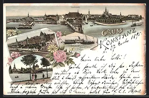 Vorläufer-Lithographie Konstanz, 1895, Totalansicht, kaiserl. Oberpostdirektion & Bahnhof, Rheinbrücke