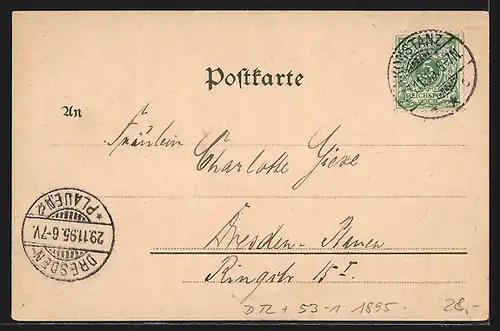 Vorläufer-Lithographie Konstanz, 1895, Totalansicht, kaiserl. Oberpostdirektion & Bahnhof, Rheinbrücke