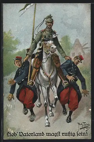 Künstler-AK Arthur Thiele: Lieb` Vaterland magst ruhig sein!, Soldat zu Pferde packt zwei Gegner