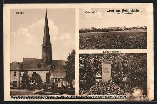 AK Reinholdshain, Kriegerdenkmal, Kirche und Ortsansicht