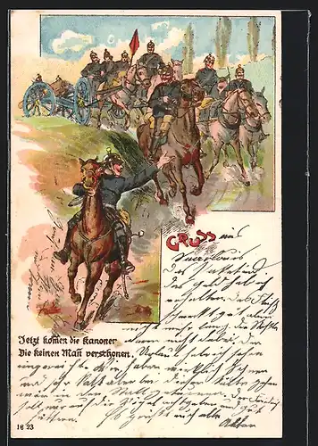 Künstler-AK Artillerie zu Pferd, Jetzt kommen die Kanonen