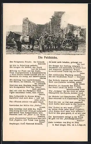 AK Soldaten mit Pferdekutsche vor Kriegsruinen erhalten Essen aus der Feldküche