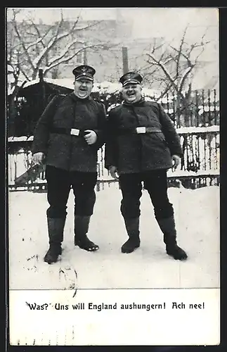 AK Zwei dicke Männer in Uniform - Was ! uns will England aushungern ! Ach nee!, Kriegsnot