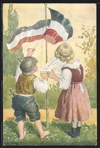 AK Frankfurt a. M., Rotes Kreuz Frankfurt a. M., Junge mit Helm und Fahne und Mädchen mit Zeitung