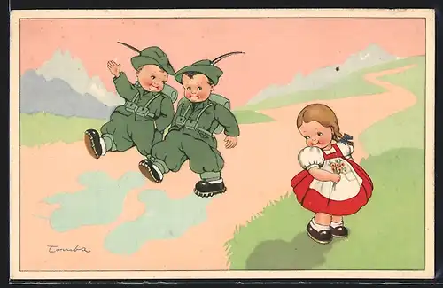 Künstler-AK Kleine Soldaten grüssen Mädchen am Wegesrand