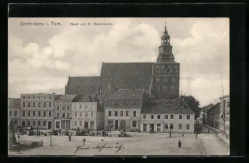 AK Greifenberg i. Pom., Markt und St. Marienkirche