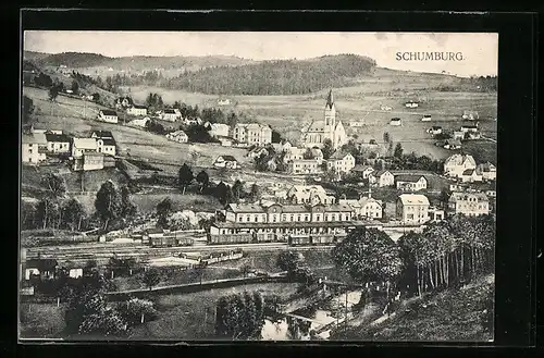 AK Schumburg, Teilansicht mit Kirche und Eisenbahn
