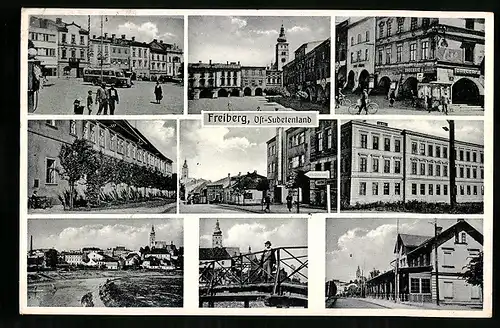 AK Freiberg, Strasseneck mit Drogerie, Brücke, Námesti