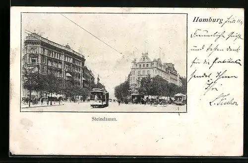 AK Hamburg, Strasse Steindamm mit Strassenbahn