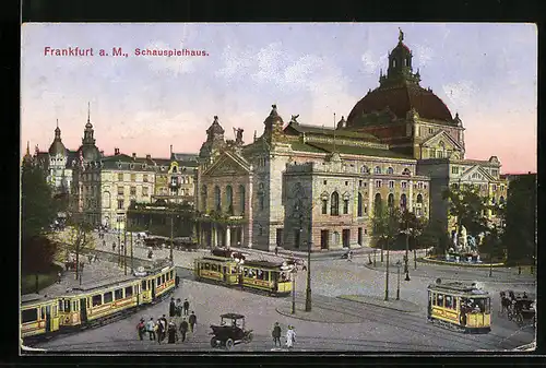 AK Frankfurt /Main, Strassenbahnen in Fahrt vor dem Schauspielhaus