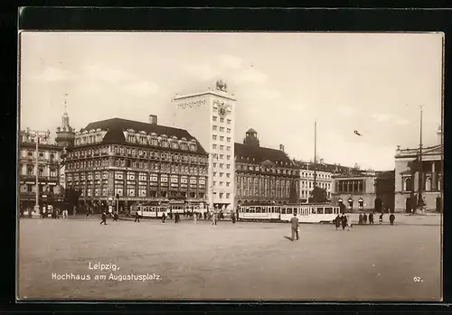 AK Leipzig, Hochhaus am Augustusplatz mit Cafe Corso und Strassenbahn