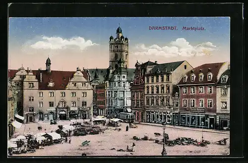 AK Darmstadt, Marktplatz mit Geschäften und Strassenbahn