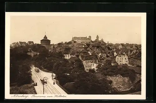 AK Nürnberg, Panorama vom Hallertor mit Strassenbahn
