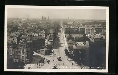 AK Karlsruhe, Panorama von der Bernharduskirche, Strassenbahnen