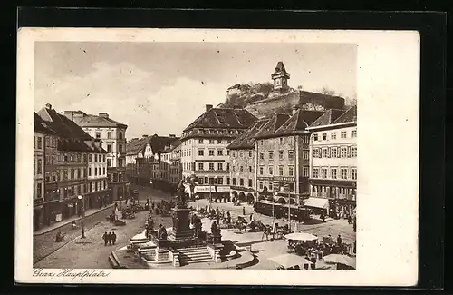 AK Graz, Hauptplatz mit Denkmal und Strassenbahn