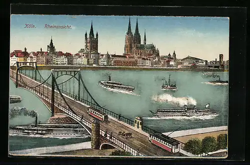 AK Köln, Rheinansicht und Brücke mit Strassenbahn
