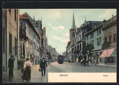 AK Erfurt, Anger mit Strassenbahn und Kirche, Passanten, Kutsche