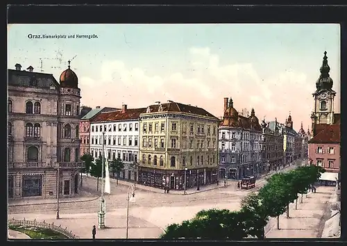 AK Graz, Bismarckplatz und Herrengasse mit Turm und Strassenbahn